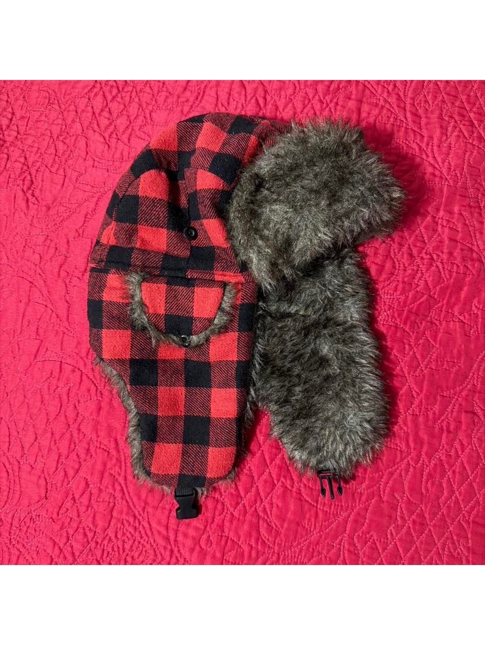 Red black buffalo plaid trapper hat with faux fur ear flaps